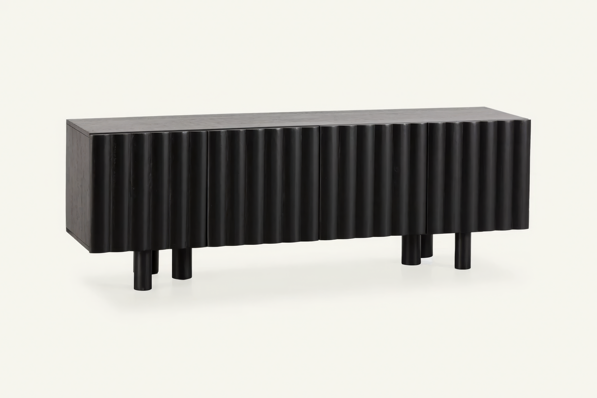 The Noli Fluted TV Unit in black, fluted mango wood TV unit, studio view