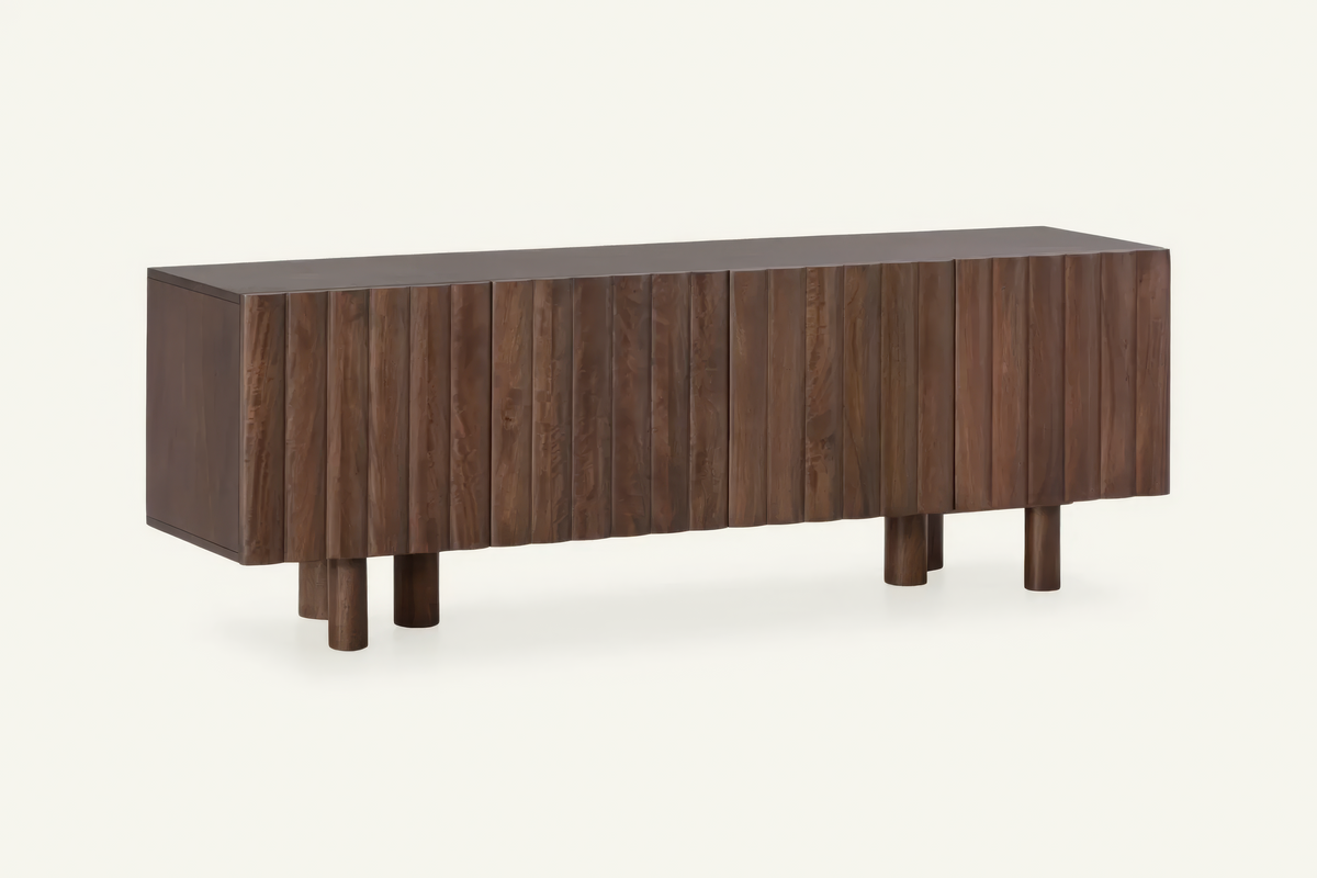 The Noli Fluted TV Unit in walnut, fluted mango wood TV unit, studio view