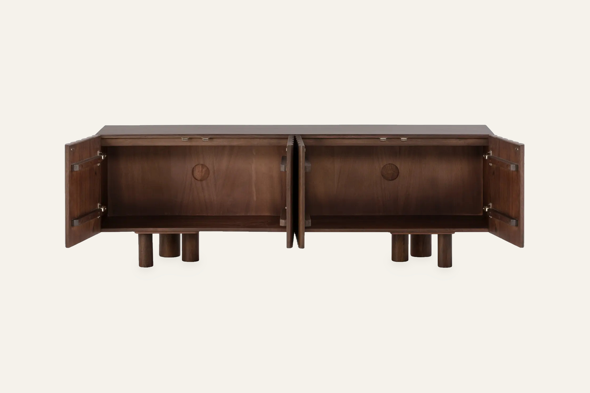 The Noli Fluted TV Unit in walnut, fluted mango wood TV unit, studio view