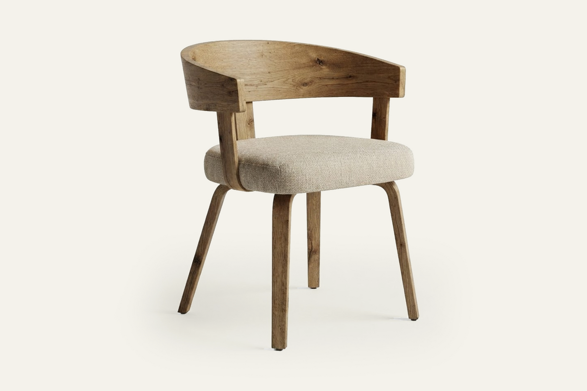 The Novara Dining Chair in beige and washed oak, dining chair with a curved wooden back, studio view