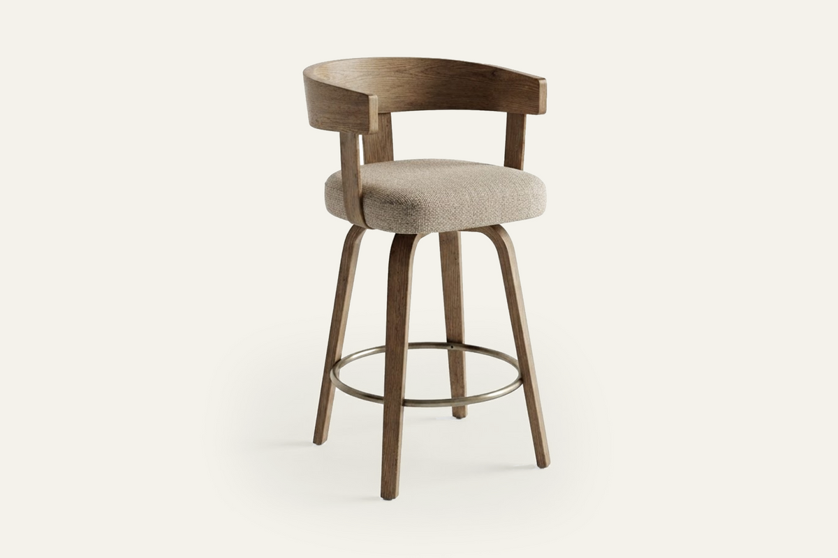 The Novara Swivel Bar Stool in beige and washed oak, swivel bar stool with a curved wooden back, studio view