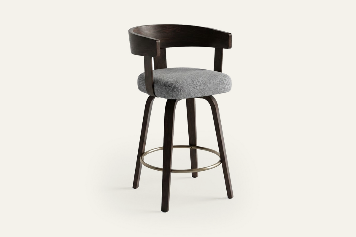 The Novara Swivel Bar Stool in grey and dark walnut, swivel bar stool with a curved wooden back, studio view