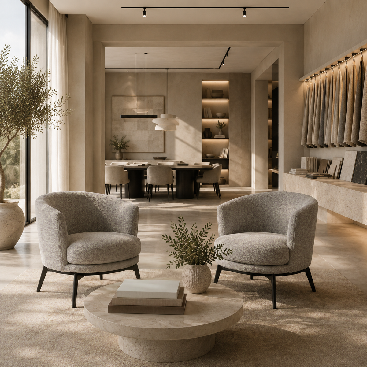Neutral living room with curved sofa, Kunal Trehan offers
