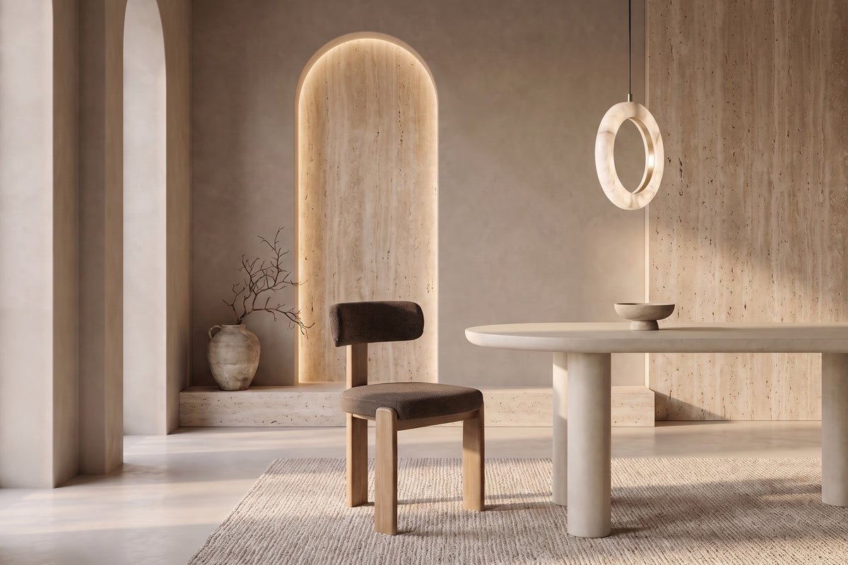 The Orta Dining Chair in brown, upholstered dining chair on a wooden frame, styled in a room