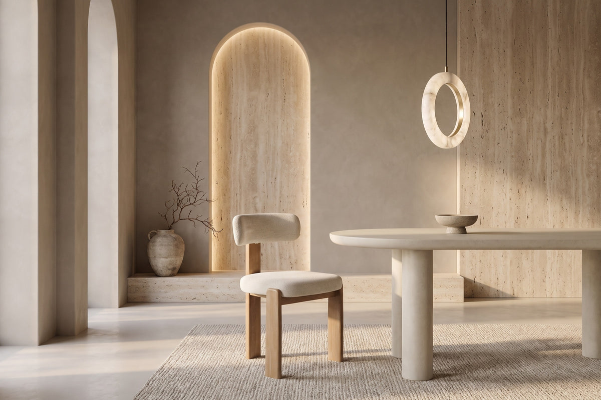 The Orta Dining Chair in ivory, upholstered dining chair on a wooden frame, styled in a room