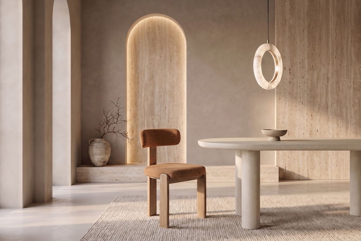 The Orta Dining Chair in terracotta, upholstered dining chair on a wooden frame, styled in a room