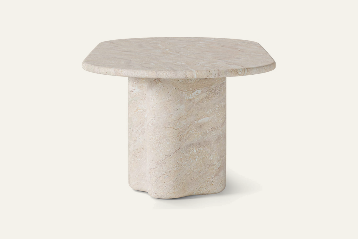 The Ortigia Travertine Finish Dining Table, end view