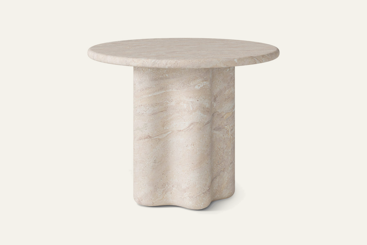 The Ortigia Travertine Finish Round Dining Table, side view
