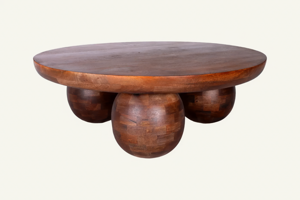 The Panarea Coffee Table in brown, 100 cm, round coffee table on spherical feet, studio view