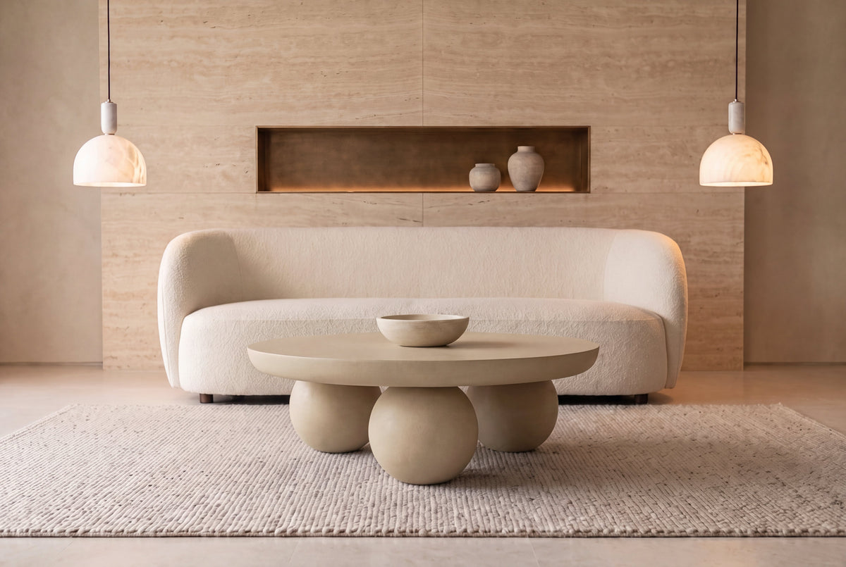 The Panarea Coffee Table in sand, 90 cm, round coffee table on spherical feet, styled in a room