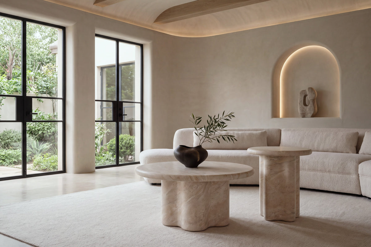 The Ragusa Travertine Finish Coffee Table Set in a living room with a lit plaster niche, steel garden doors and a cream boucle sofa