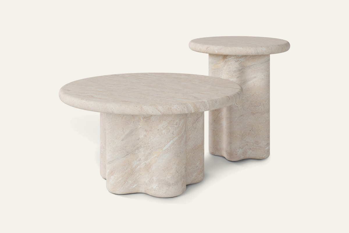 The Ragusa Travertine Finish Coffee Table Set, studio view of both pieces