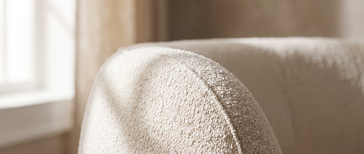 Close-up of cream boucle upholstery on a curved sofa arm