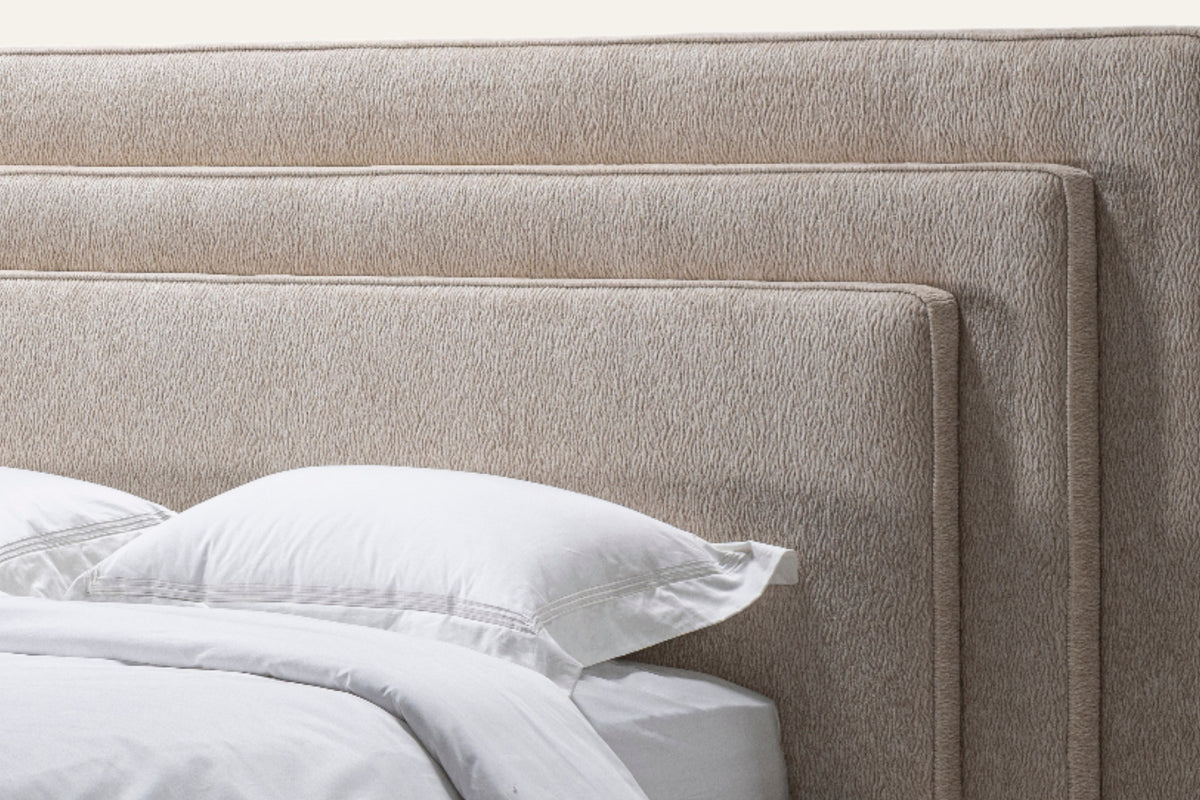 The Siracusa Bed, close-up of the layered headboard