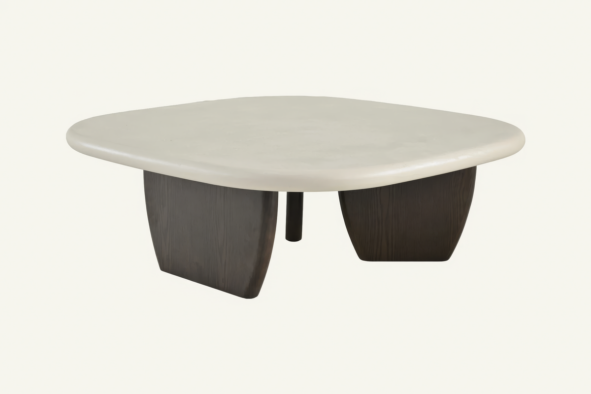The Sperlonga Coffee Table in cream and walnut, cream cement-effect coffee table on walnut legs, studio view