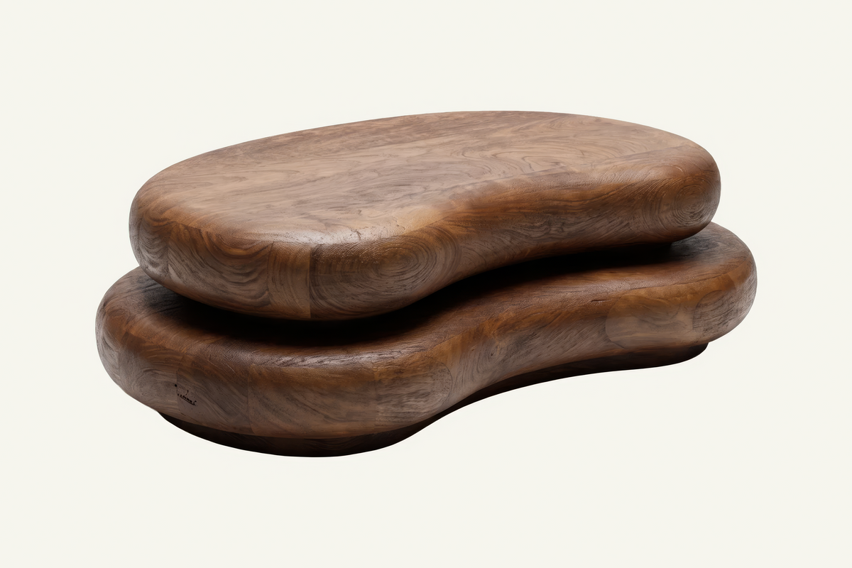 The Stresa Swivel Coffee Table in walnut, organic two-tier swivel coffee table in walnut, studio view