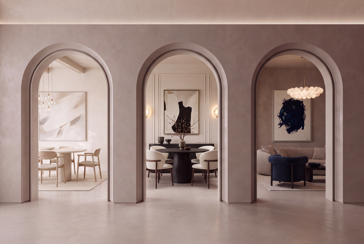 Three plaster arches on a seamless stone floor, each opening onto a different room: a pale oak dining room, an evening supper club with a black stone table and an ink blue living room