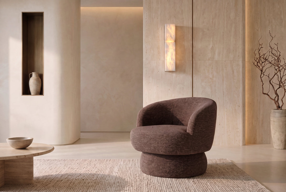 The Taormina Swivel Chair in chocolate, rounded boucle swivel chair, styled in a room