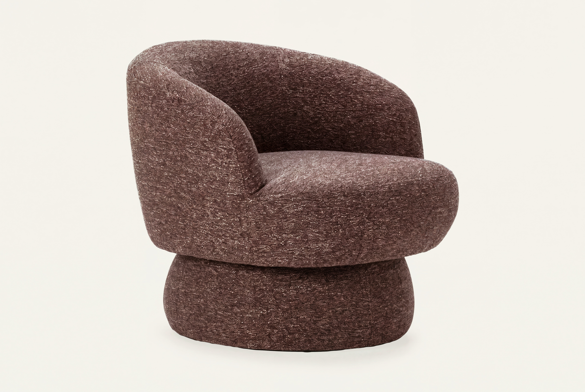 The Taormina Swivel Chair in chocolate, rounded boucle swivel chair, studio view