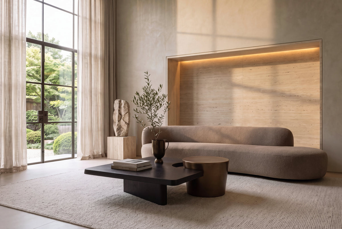 The Melfi Coffee Table Set in black oak and bronze in a double-height plaster living room with a travertine alcove and garden view