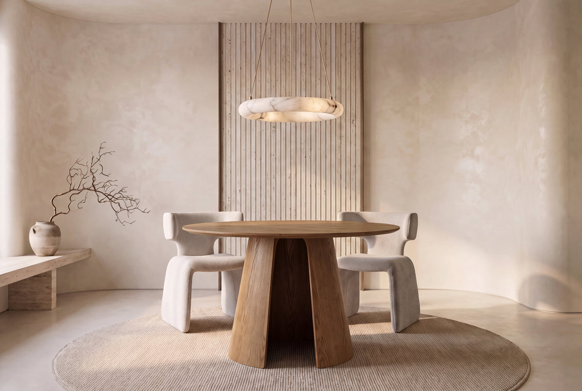 The Tropea Round Dining Table in washed oak, round dining table on a curved panel pedestal, styled in a room