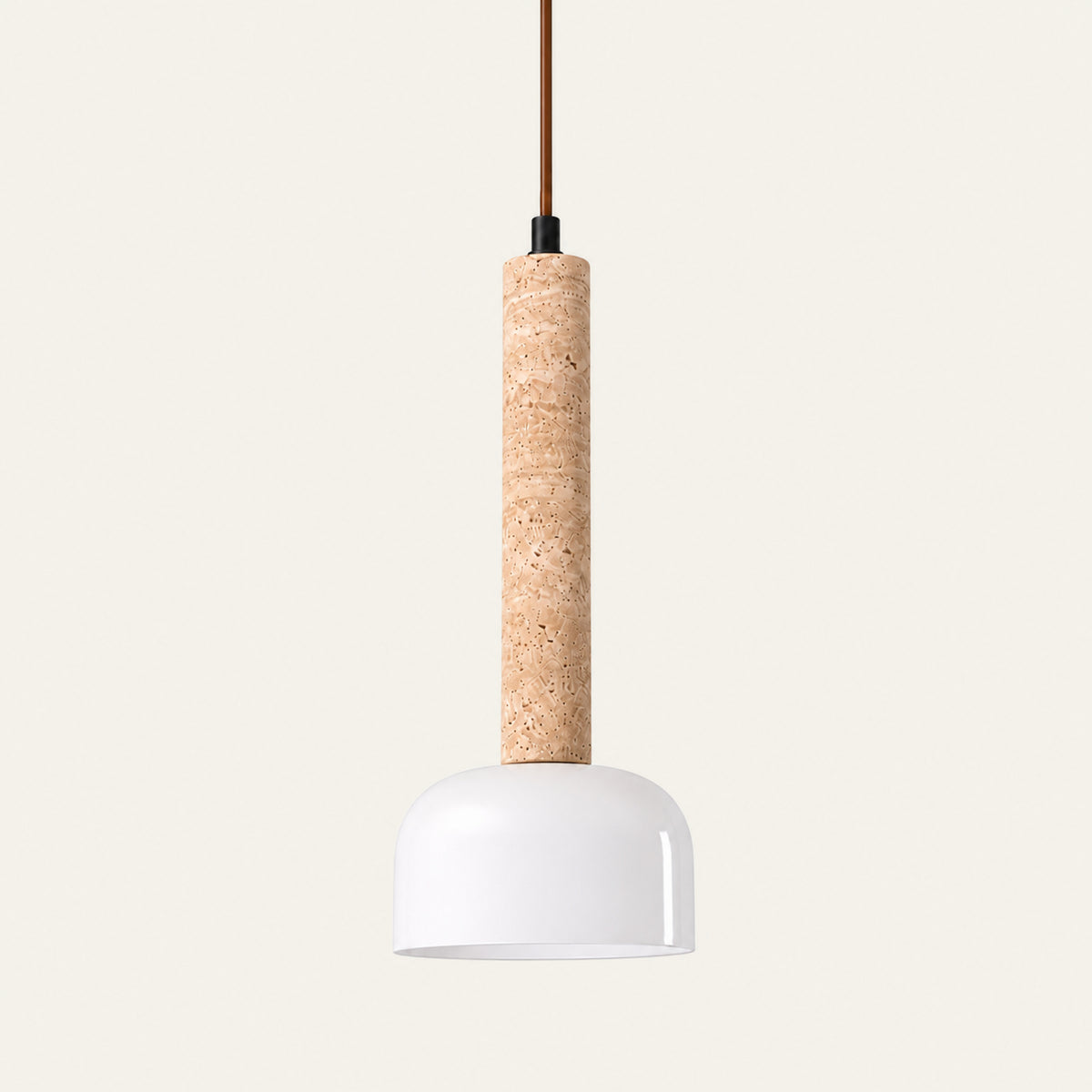 The Velo travertine pendant light, a slim stone tube above a white opal glass dome