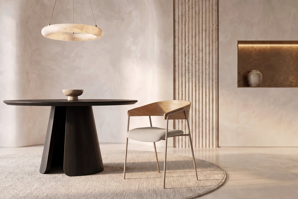 The Vernazza Dining Chair in oak, dining chair with a curved wooden back on a metal frame, styled in a room