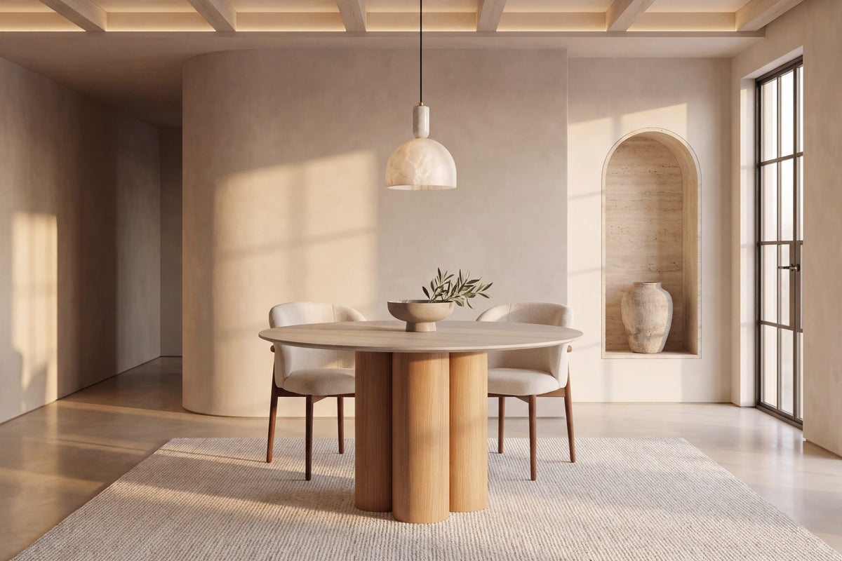 The Zoagli Travertine Finish Round Dining Table in oak with Norcia chairs beneath a Cupola alabaster pendant in a beamed plaster dining room