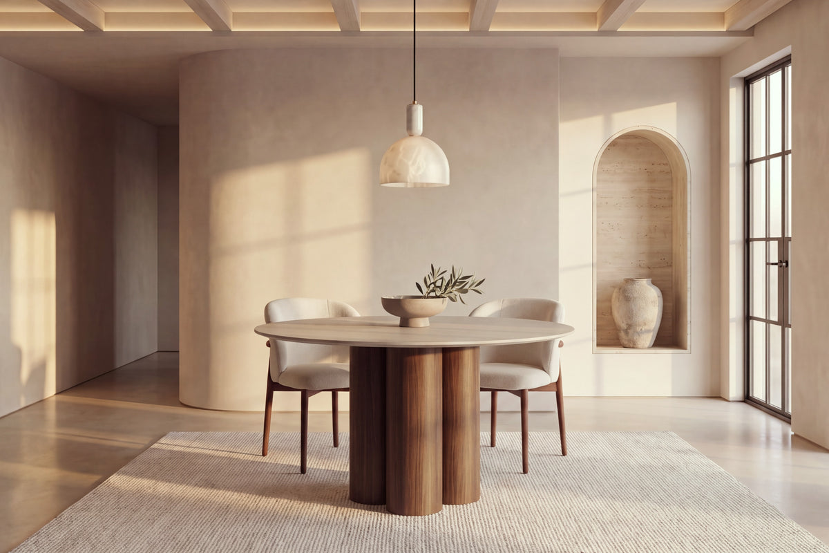 The Zoagli Travertine Finish Round Dining Table in walnut with Norcia chairs beneath a Cupola alabaster pendant in a beamed plaster dining room