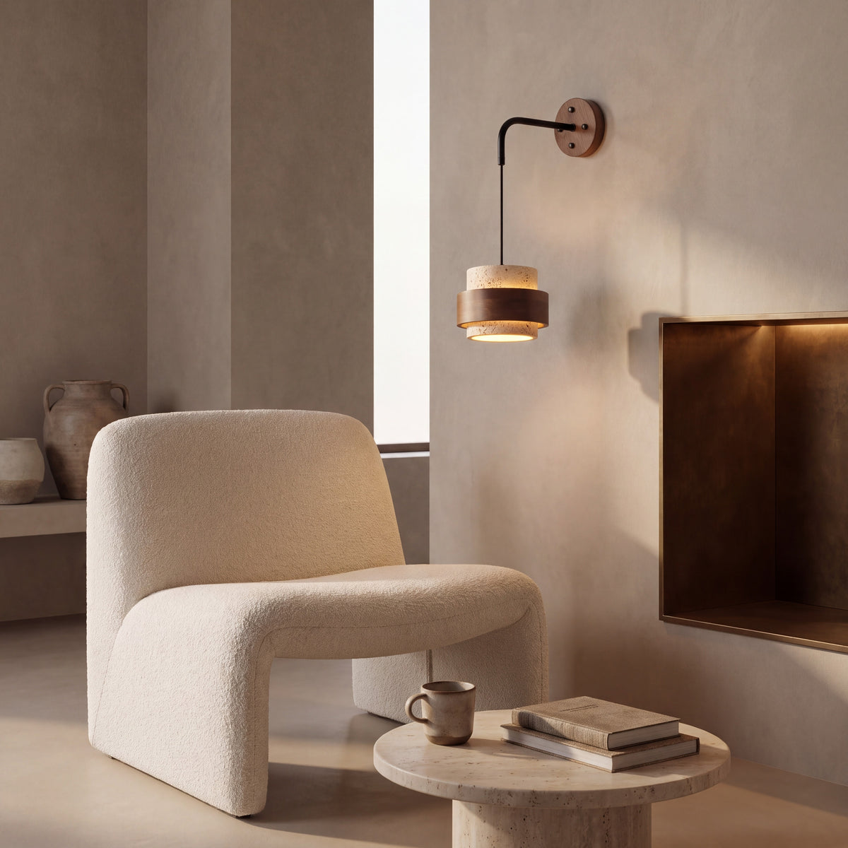 The Lanternino travertine wall light beside a cream boucle lounge chair