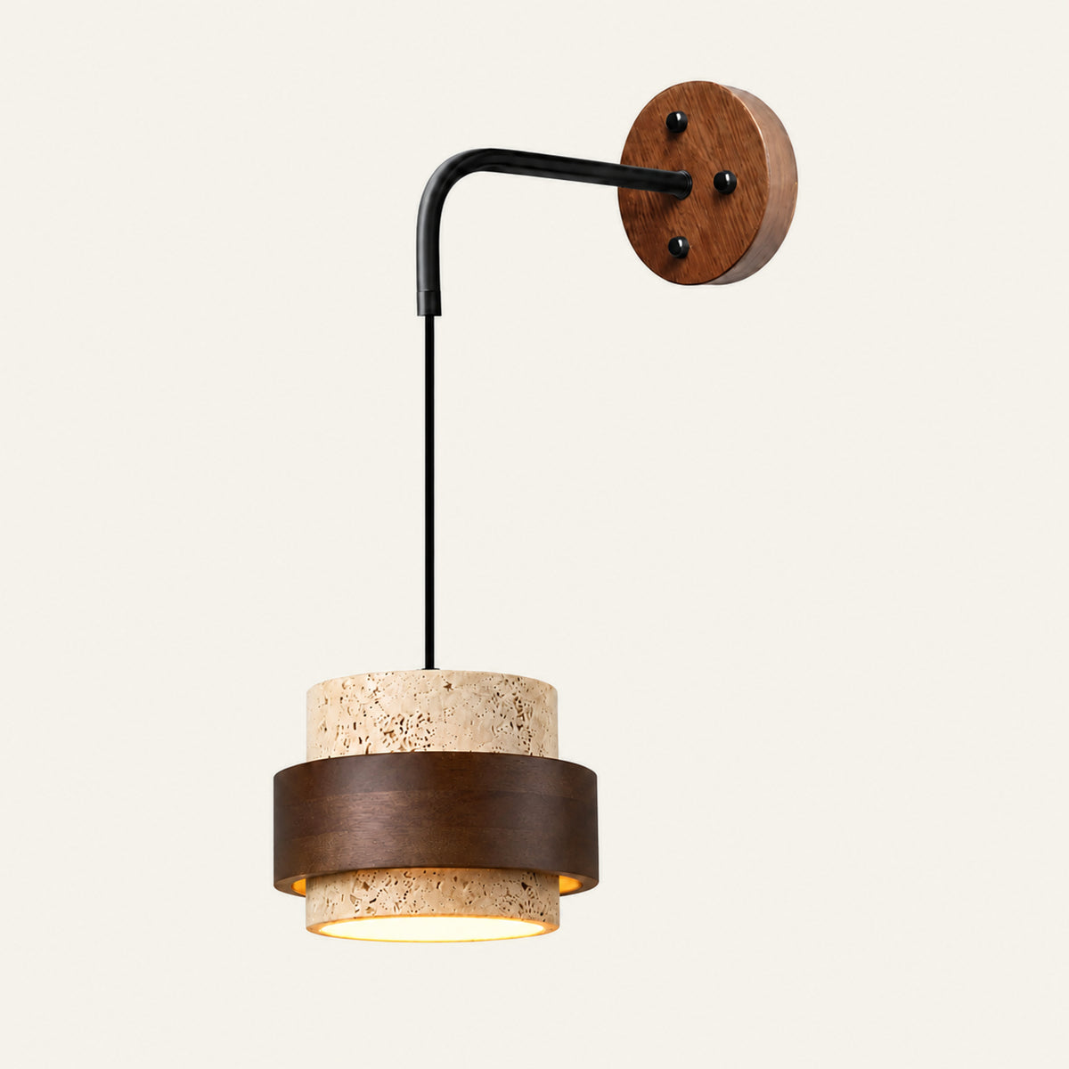The Lanternino travertine wall light with a walnut wall mount