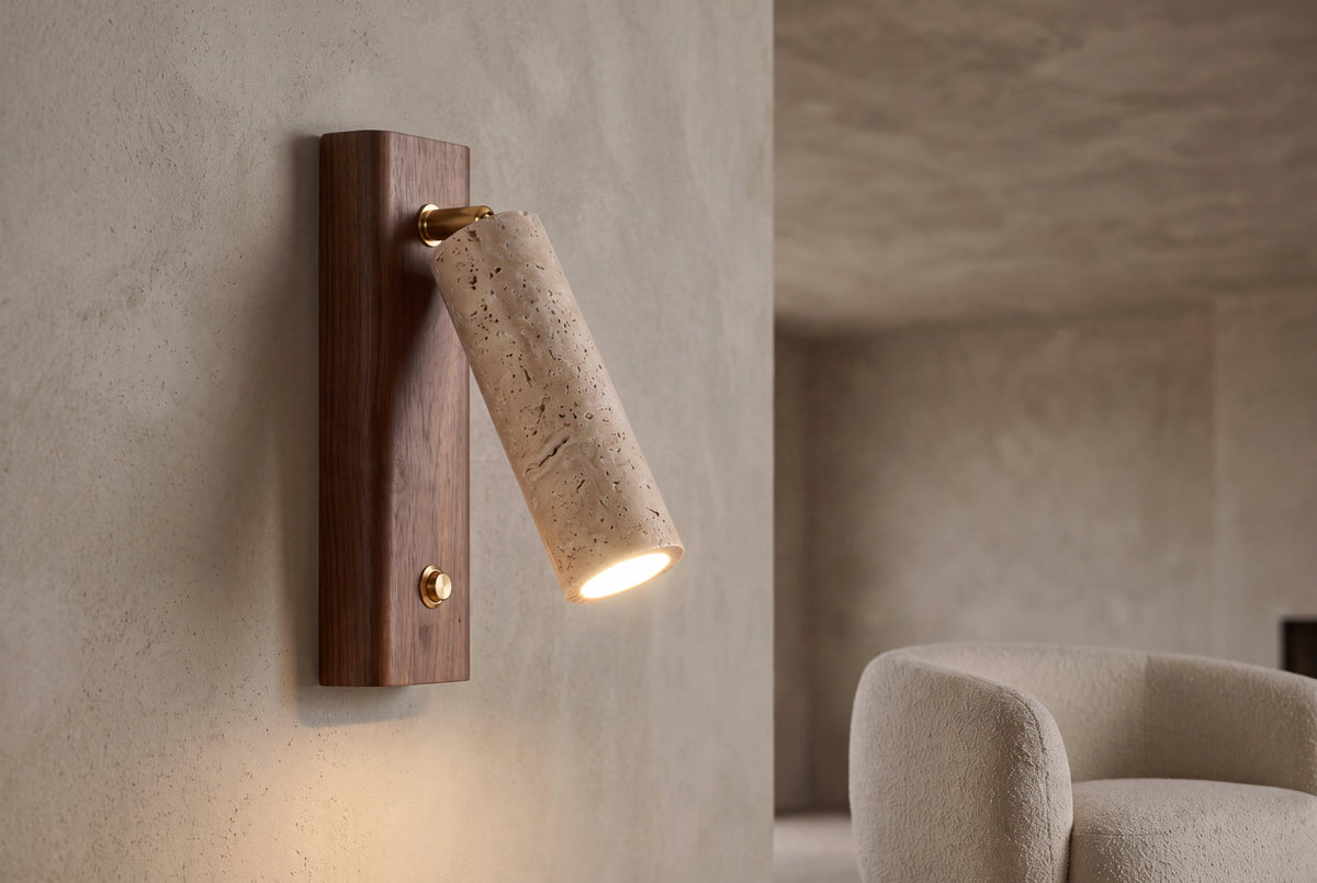 The Lettura Travertine Wall Light, lifestyle close-up