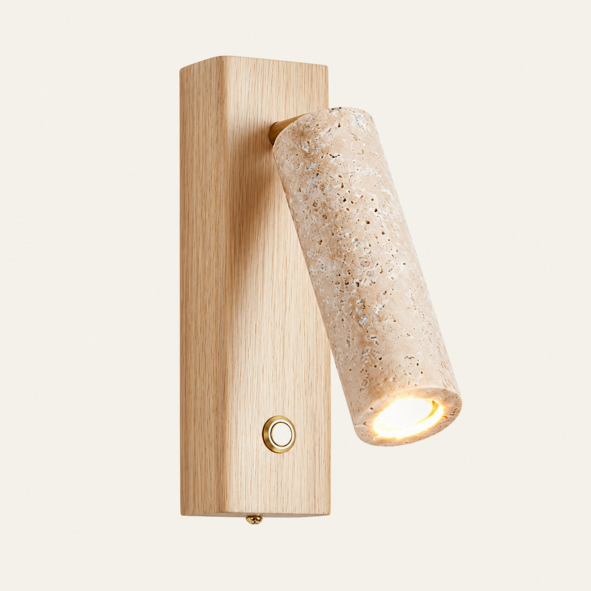 The Lettura travertine wall light with a natural oak backplate