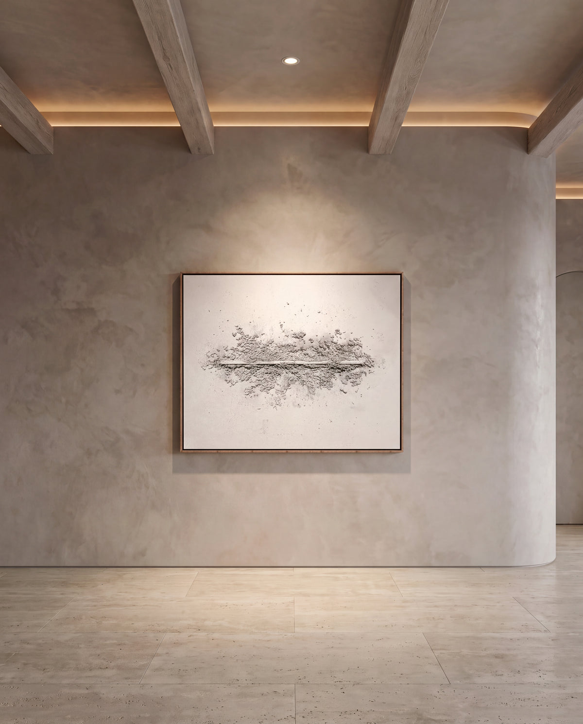 Ligne Claire canvas artwork in an oak frame on a plaster wall