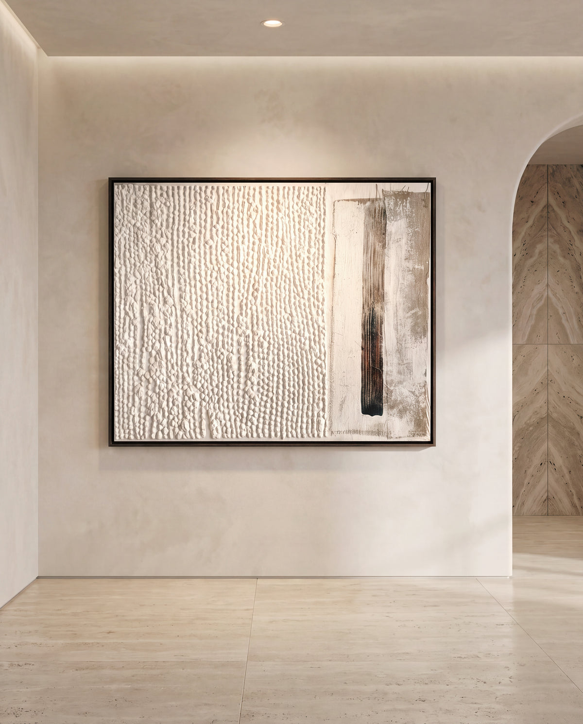 Linea Tactile canvas artwork in a black frame on a plaster wall