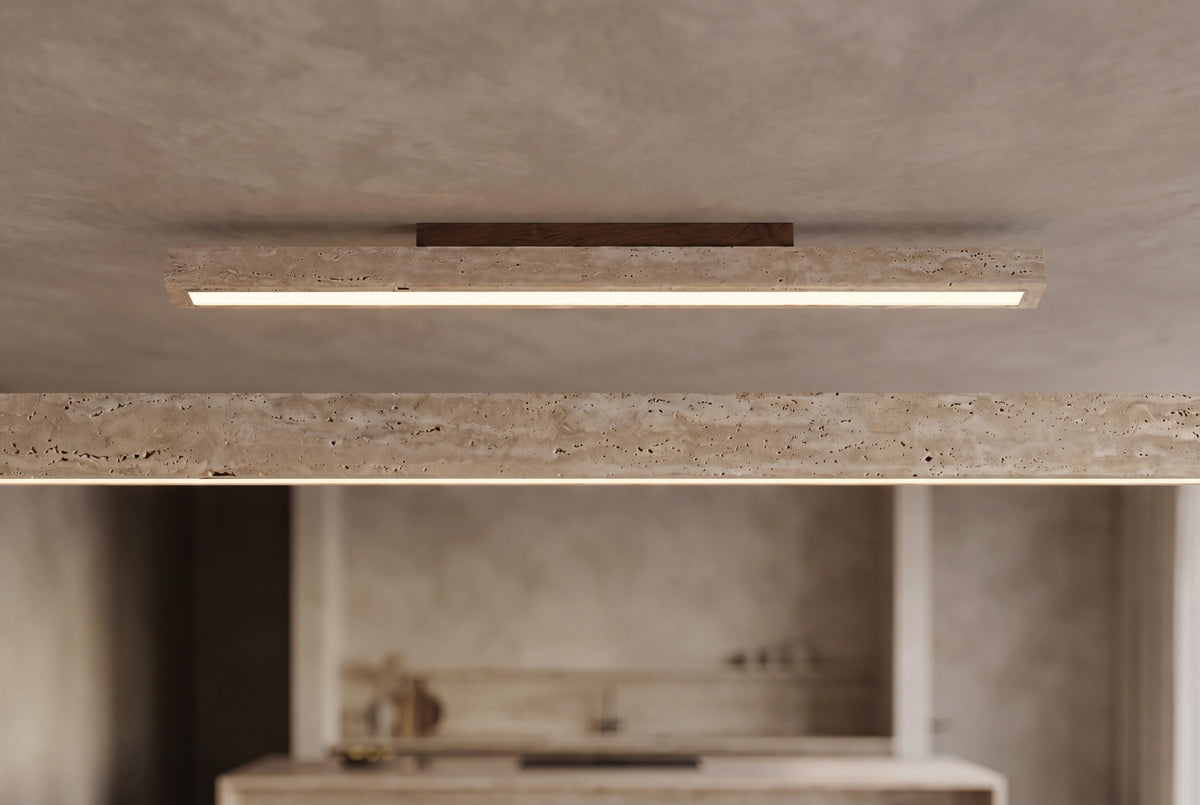 The Linea Travertine Flush Ceiling Light, lifestyle close-up