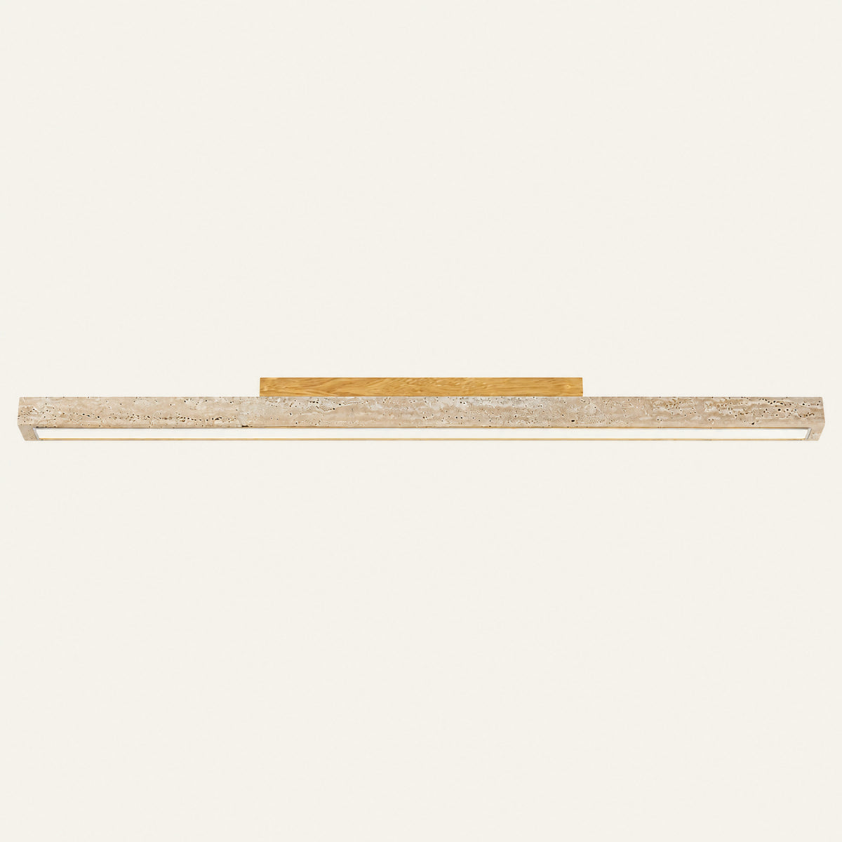 The Linea travertine flush ceiling light, a slim stone bar with a natural oak mount