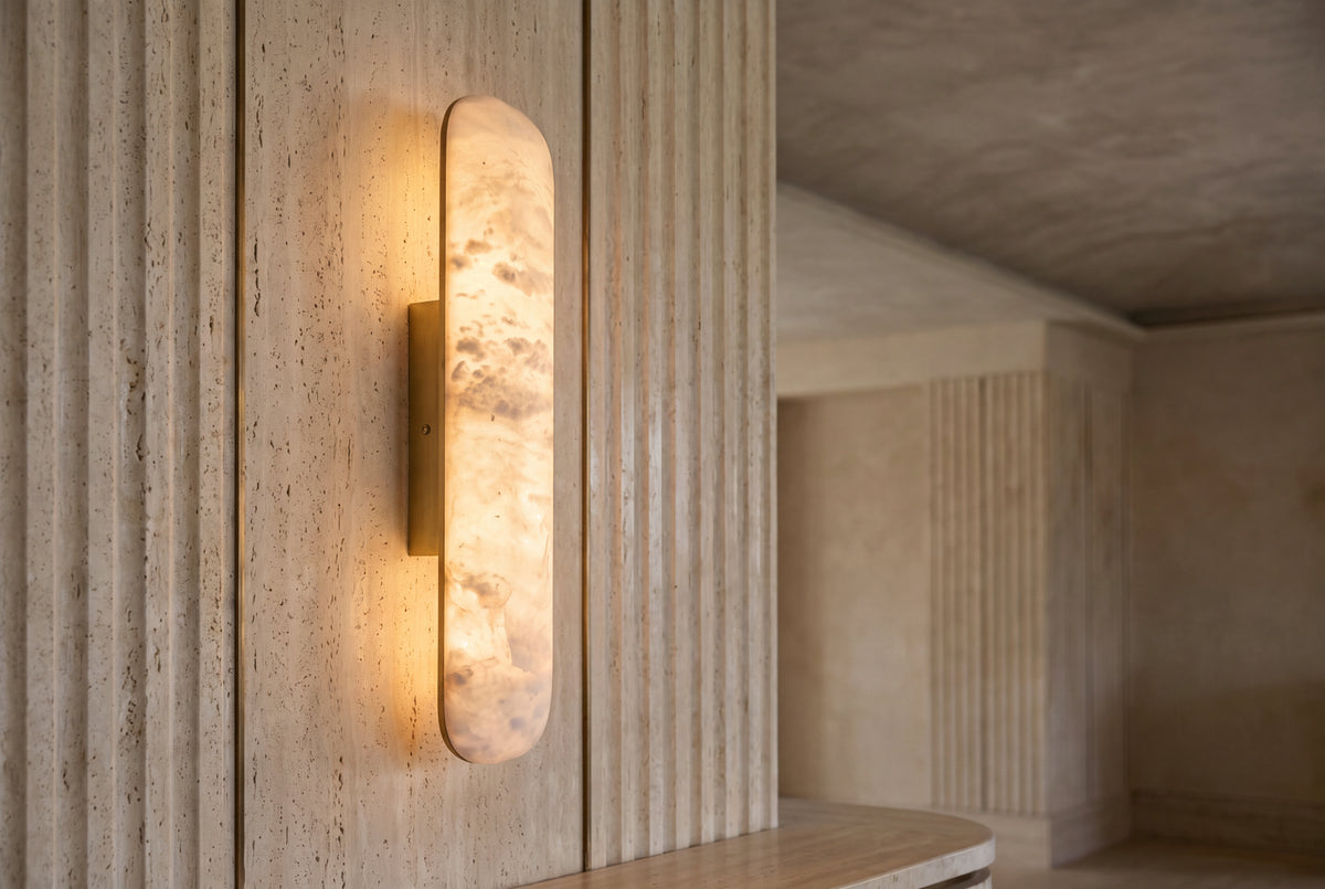 The Listello Alabaster Wall Light, lifestyle close-up