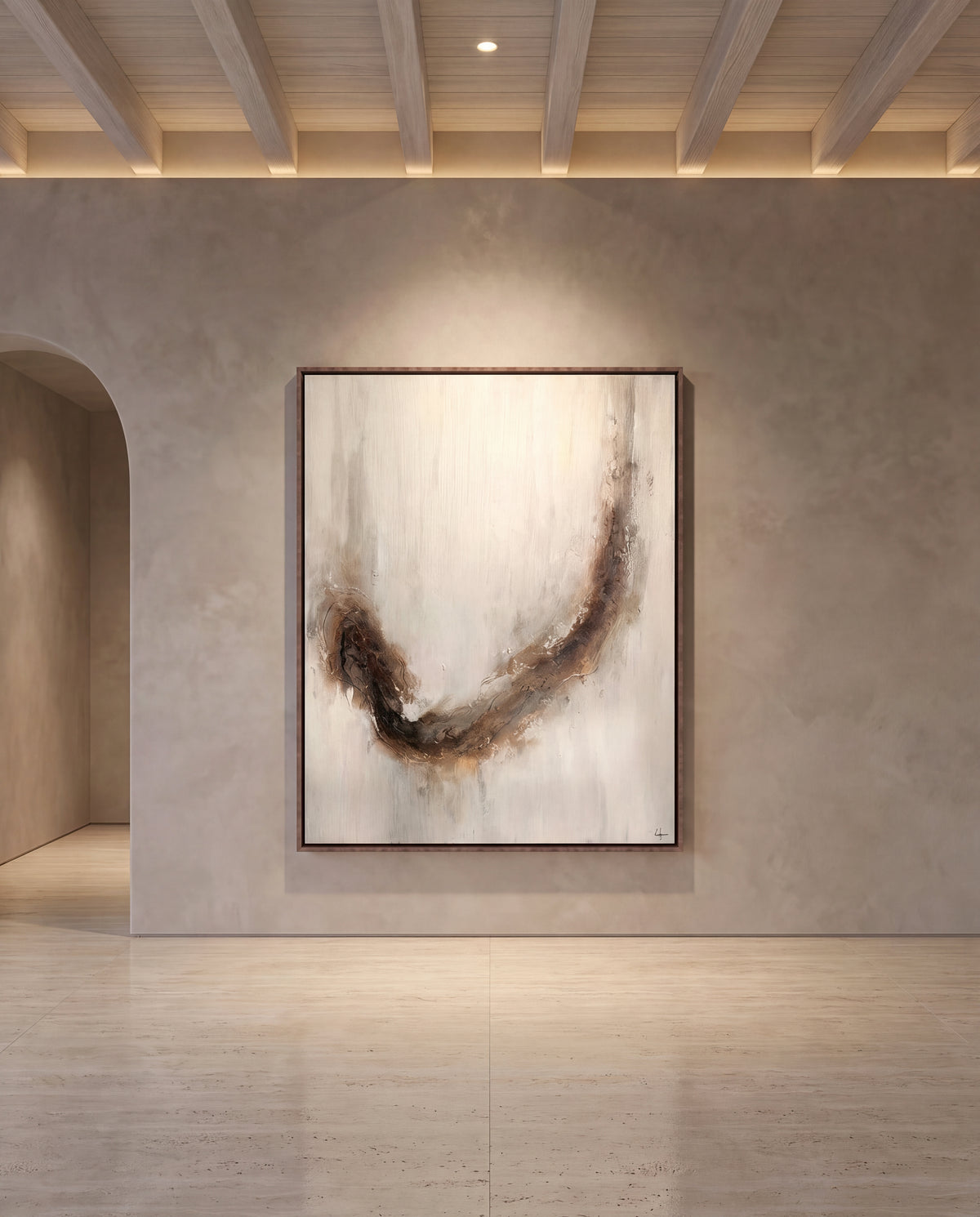 Lucente canvas artwork in a walnut frame on a plaster wall