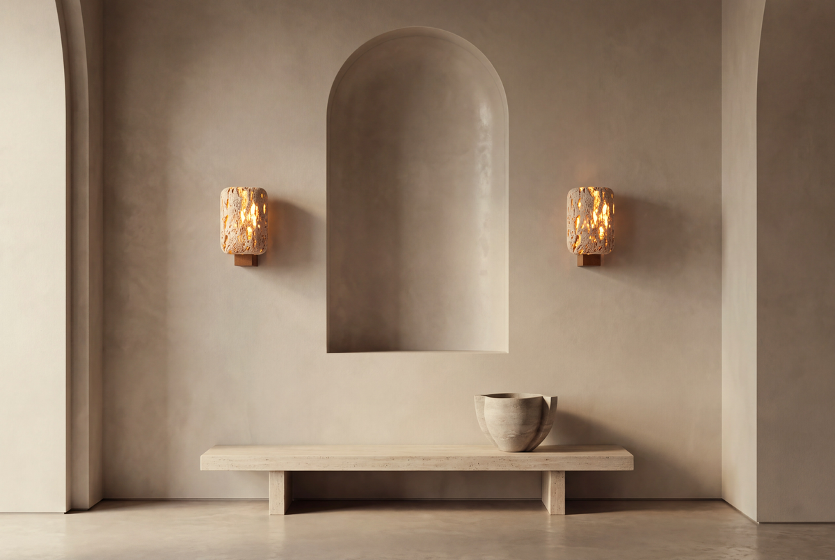 The Lucerna Travertine Wall Light, lifestyle close-up