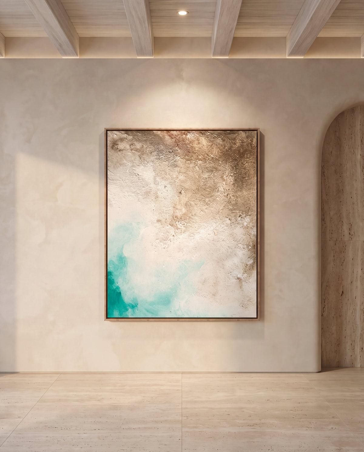 Lunair canvas artwork in an oak frame on a plaster wall