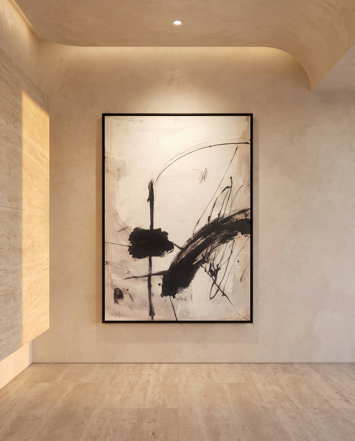 Lunetta canvas artwork in a black frame on a plaster wall