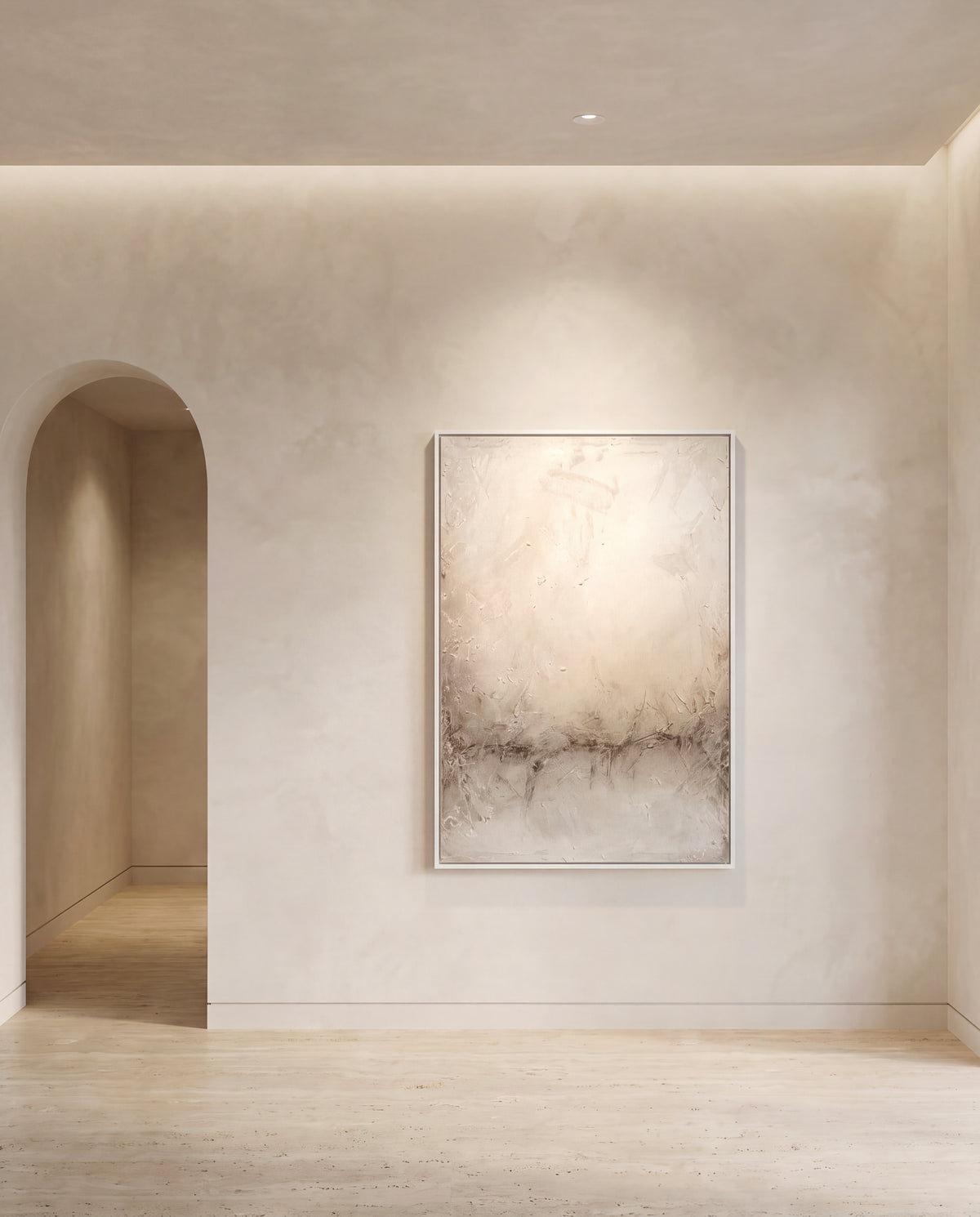 Malas canvas artwork in a white frame on a plaster wall
