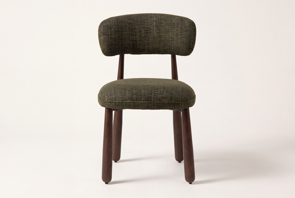 The Mantova Dining Chair in forest green and walnut, front view