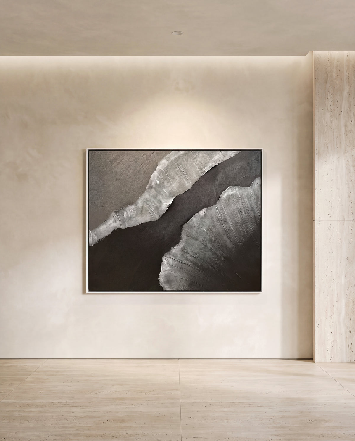 Marbesa canvas artwork in a white frame on a plaster wall