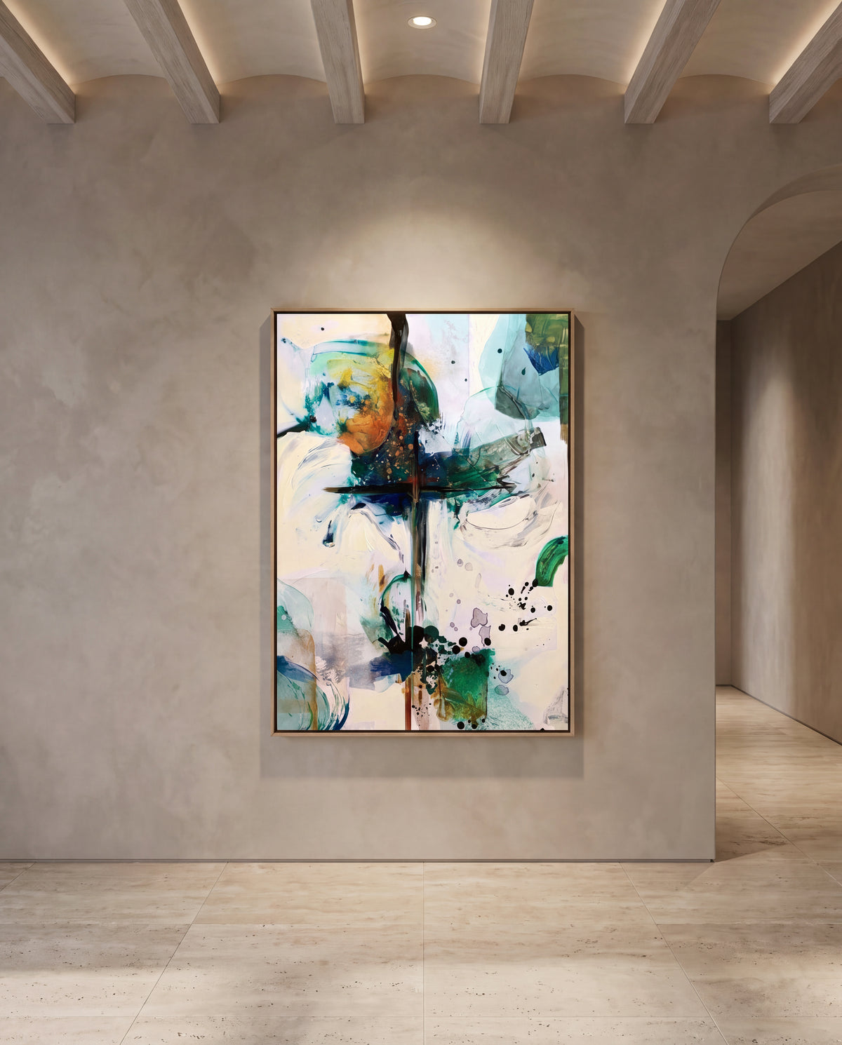 Marealto canvas artwork in an oak frame on a plaster wall