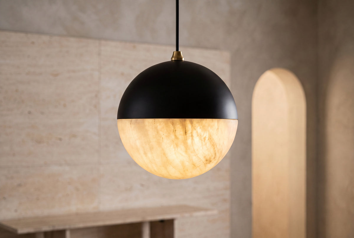 The Mezza Alabaster Pendant Light, lifestyle close-up