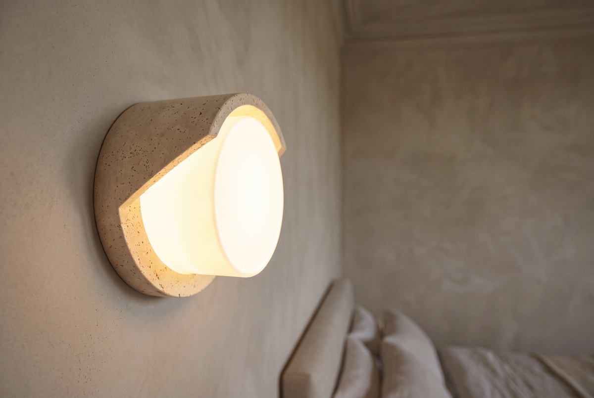 The Mezzaluna Travertine Wall Light, lifestyle close-up