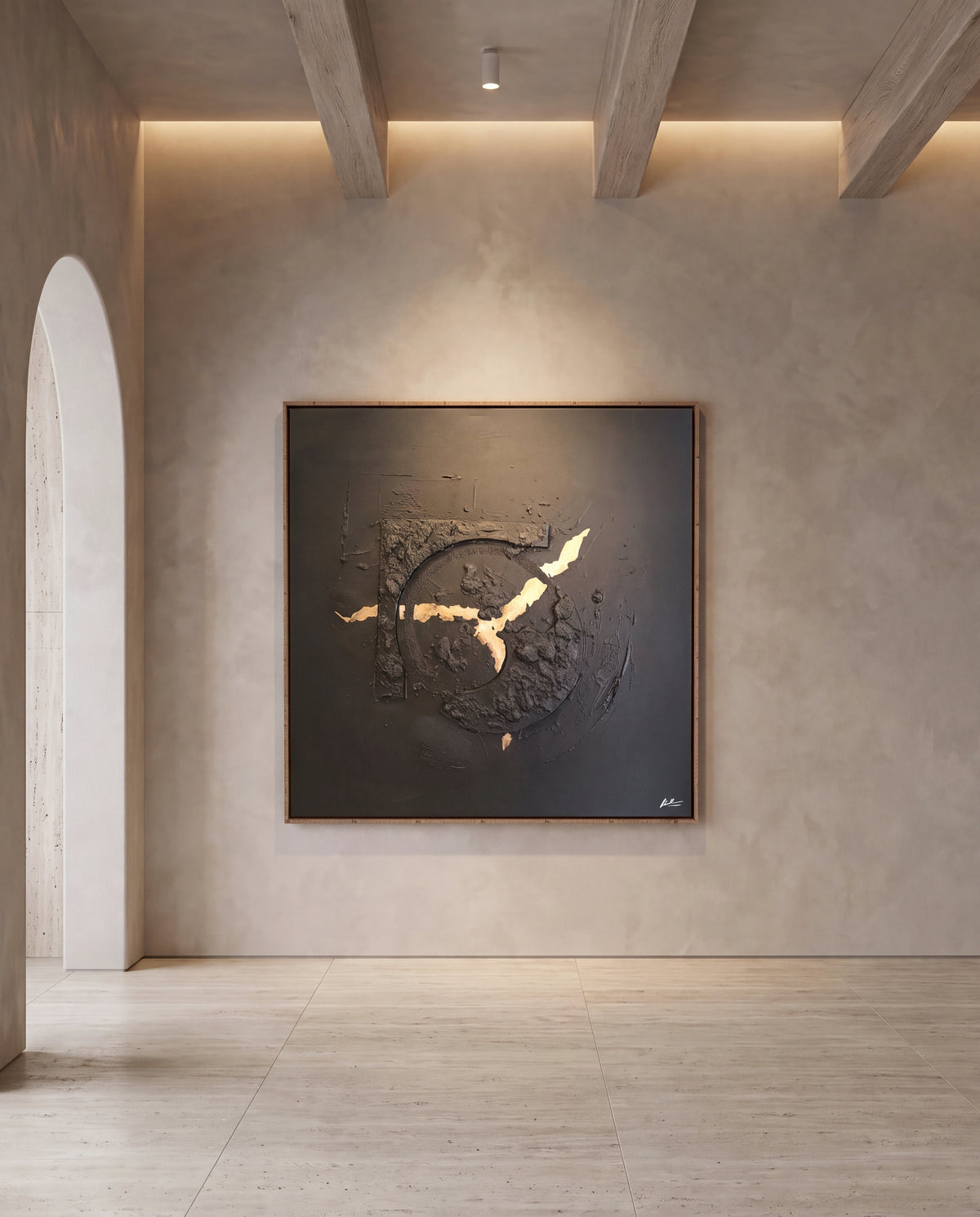 Milan Noir canvas artwork in an oak frame on a plaster wall