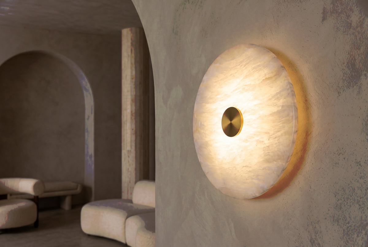 The Moneta Alabaster Wall Light, lifestyle close-up